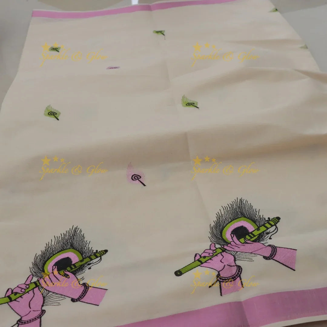 Traditional Flute Peacock Embroidery Kerala Saree