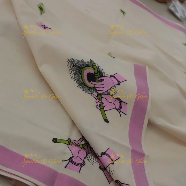 Traditional Flute Peacock Embroidery Kerala Saree