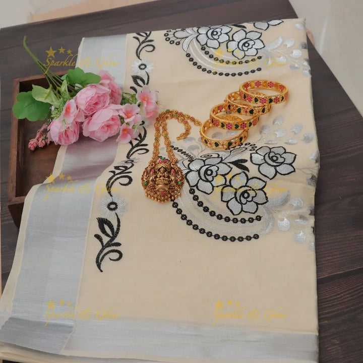 Stunning Kerala Saree with Floral Embellishments