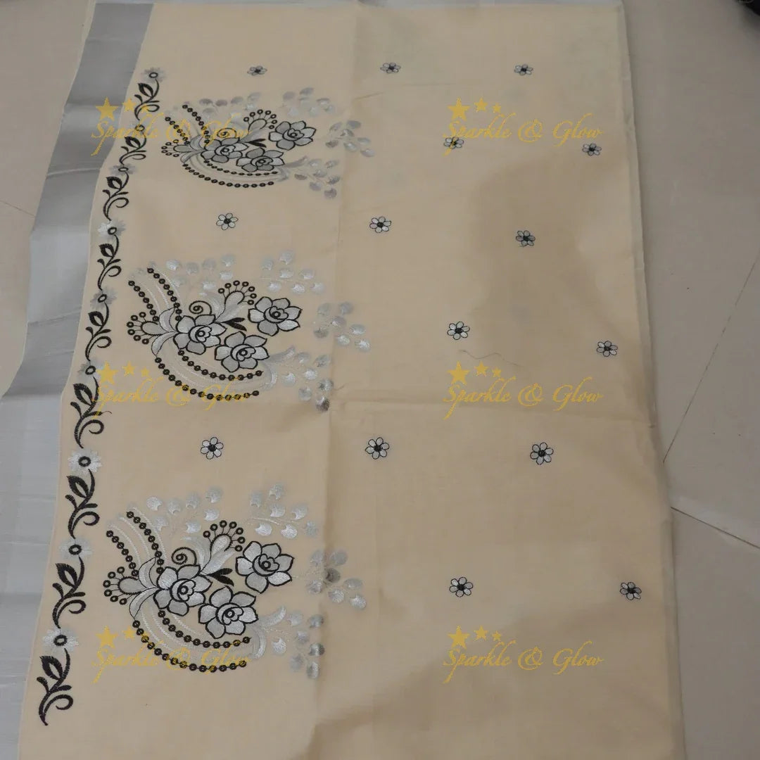 Stunning Kerala Saree with Floral Embellishments