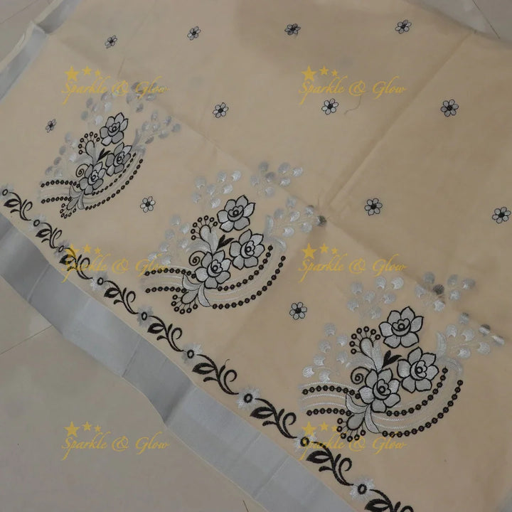 Stunning Kerala Saree with Floral Embellishments