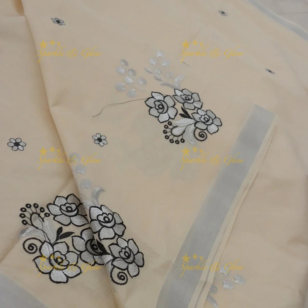 Stunning Kerala Saree with Floral Embellishments