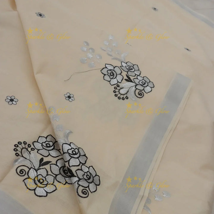 Stunning Kerala Saree with Floral Embellishments