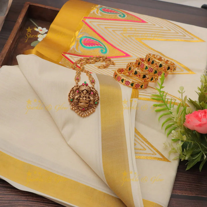 Exquisite Kerala Kasavu Saree with Mango Design