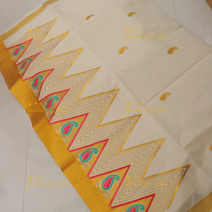 Exquisite Kerala Kasavu Saree with Mango Design