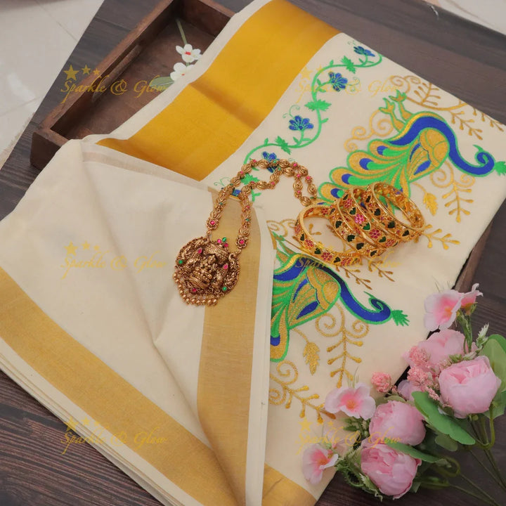 Exquisite Kerala Kasavu Saree with Peacock Designs
