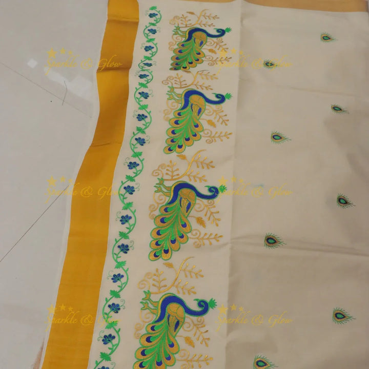 Exquisite Kerala Kasavu Saree with Peacock Designs