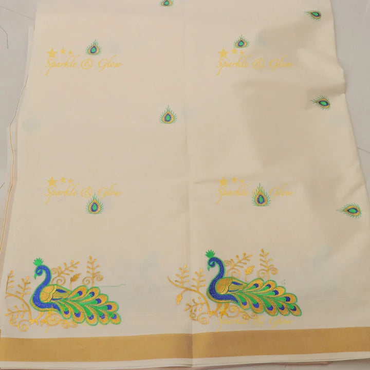 Exquisite Kerala Kasavu Saree with Peacock Designs