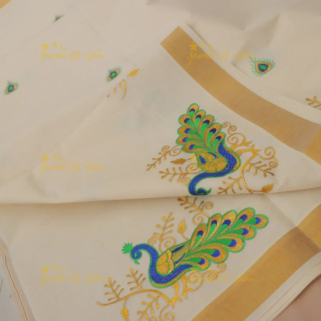 Exquisite Kerala Kasavu Saree with Peacock Designs