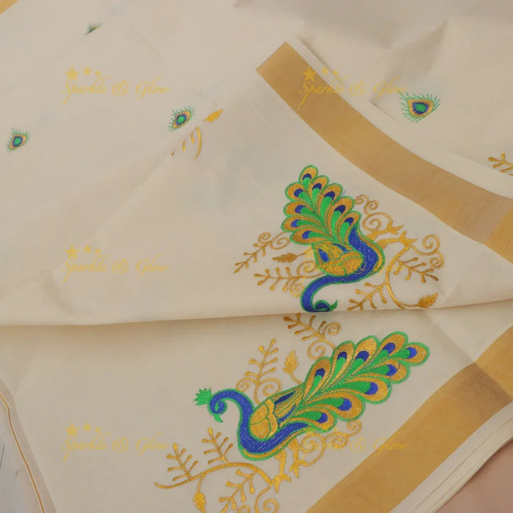 Exquisite Kerala Kasavu Saree with Peacock Designs