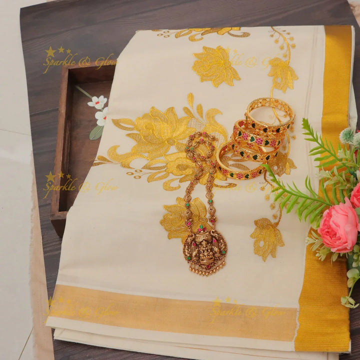 Exquisite Kerala Kasavu Saree with Floral Design