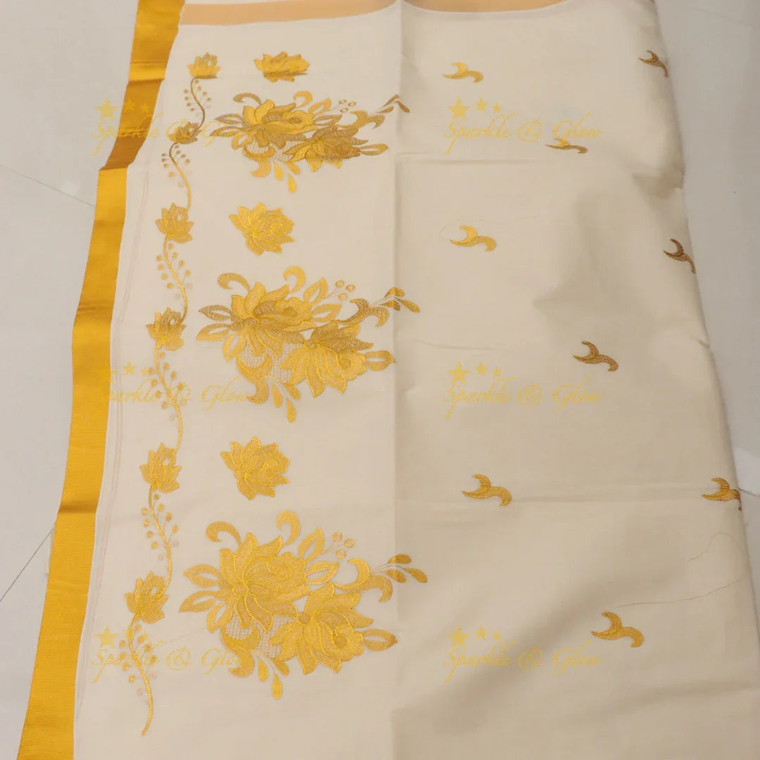 Exquisite Kerala Kasavu Saree with Floral Design