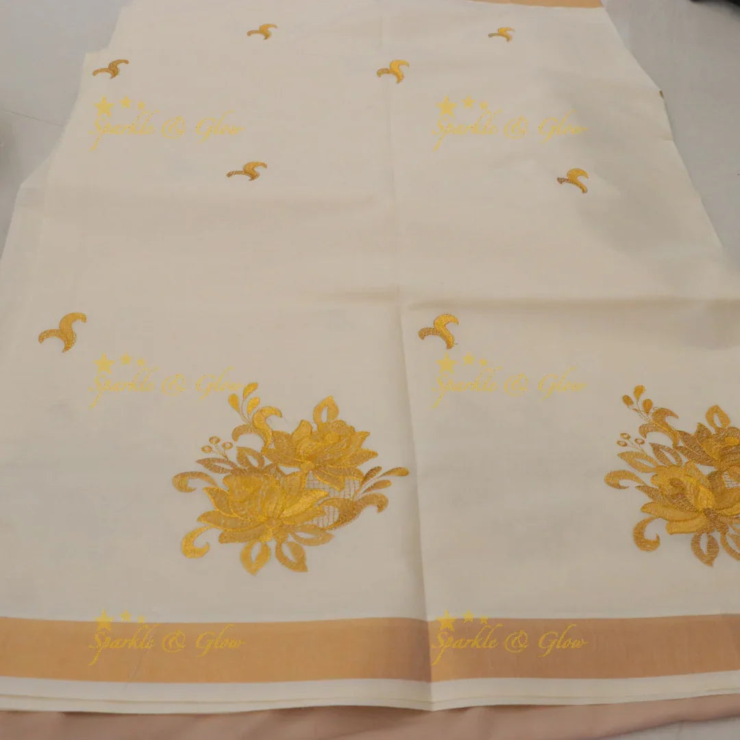 Exquisite Kerala Kasavu Saree with Floral Design