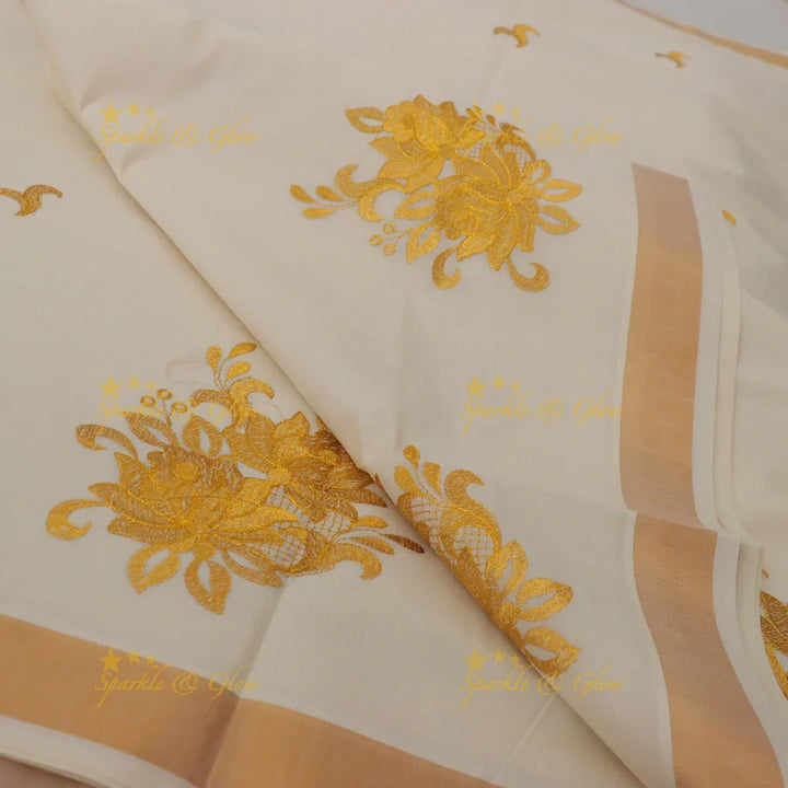 Exquisite Kerala Kasavu Saree with Floral Design