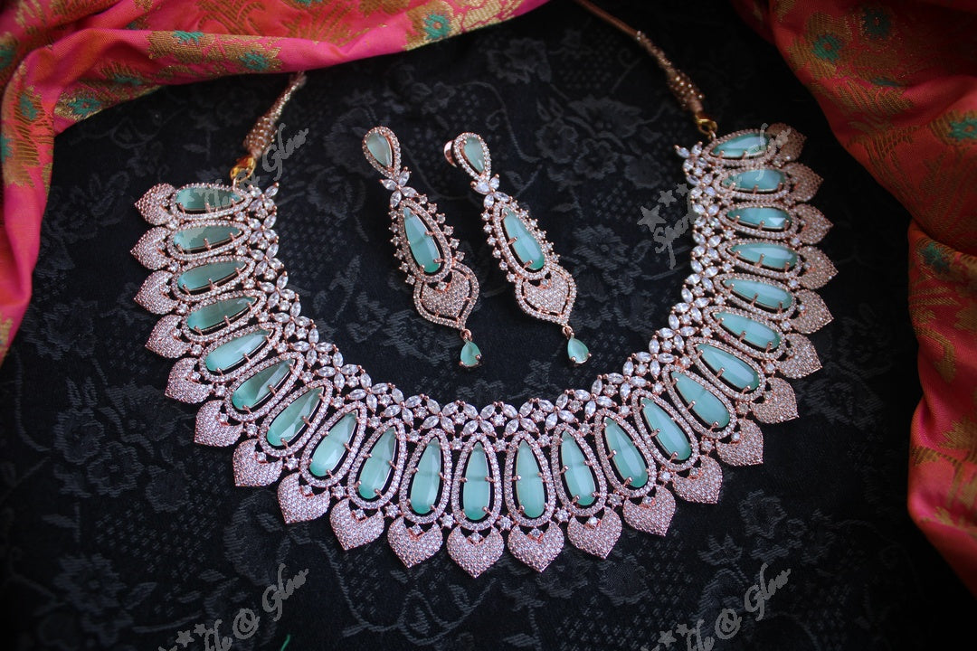 Rose gold beautiful AD stones neckset - Pastel Pink