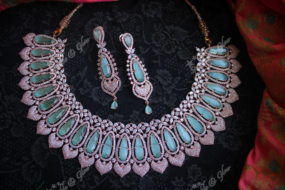 Rose gold beautiful AD stones neckset - Mint Green