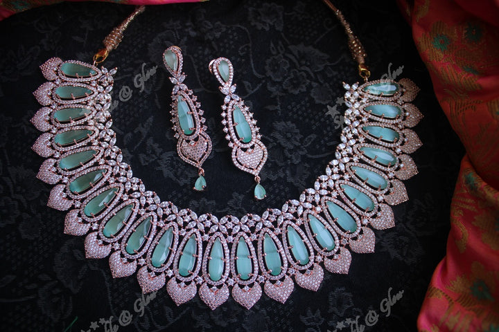 Rose gold beautiful AD stones neckset - Mint Green
