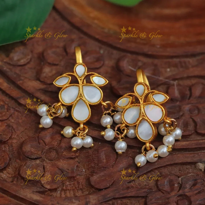 Leaf Floral Kundan Earrings with Pearl Accents