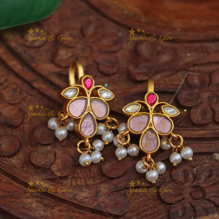 Leaf Floral Kundan Earrings with Pearl Accents