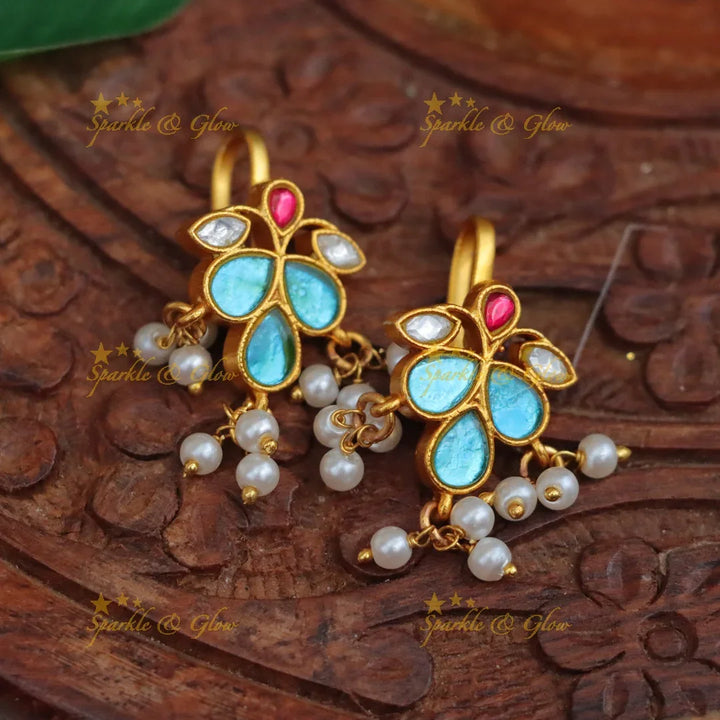 Leaf Floral Kundan Earrings with Pearl Accents