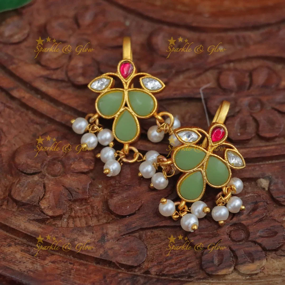 Leaf Floral Kundan Earrings with Pearl Accents
