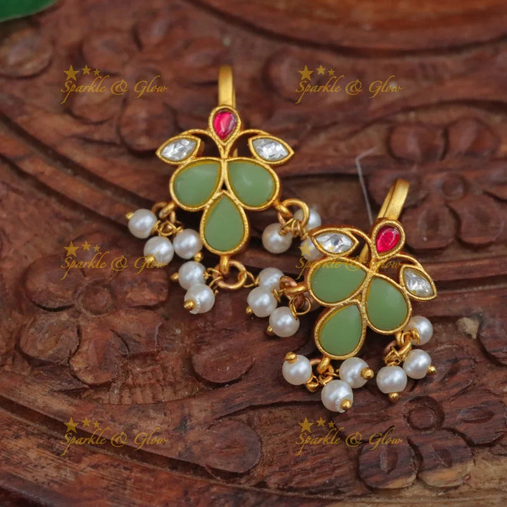 Leaf Floral Kundan Earrings with Pearl Accents