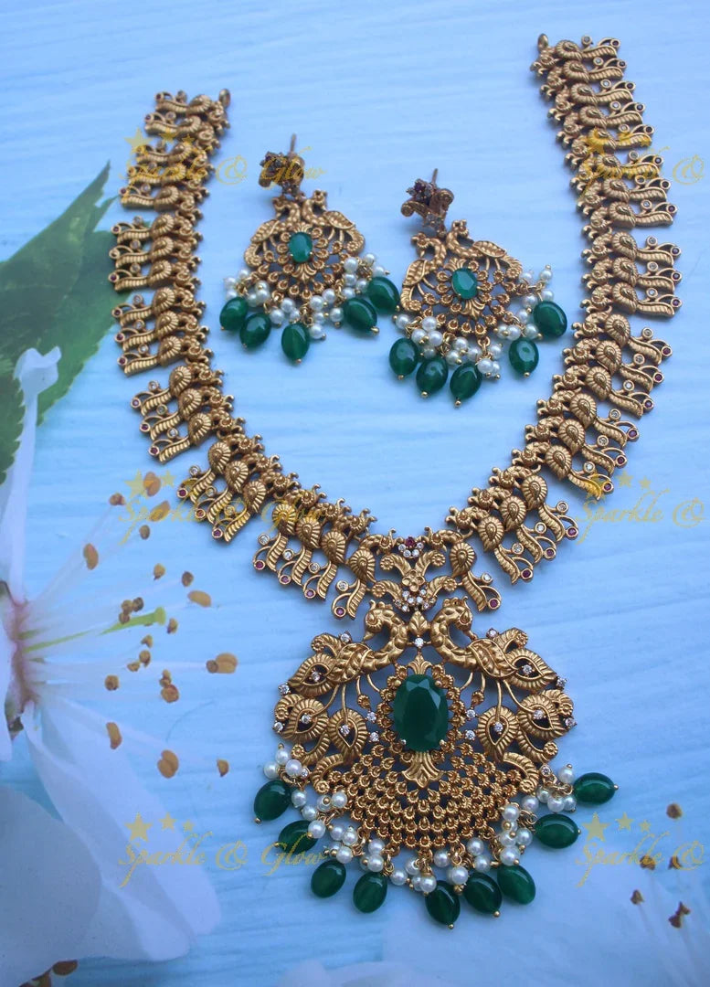 Premium matte gold peacock carved short necklace - Sparkle and Glow
