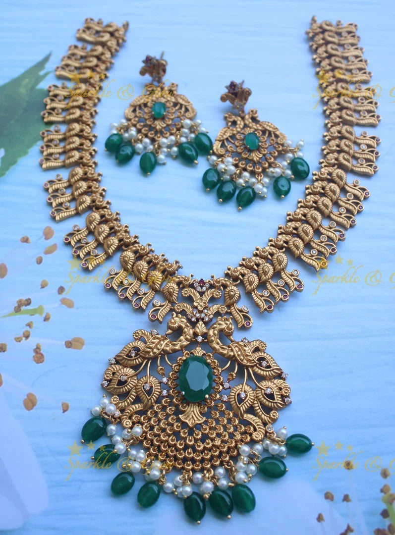 Premium matte gold peacock carved short necklace - Sparkle and Glow