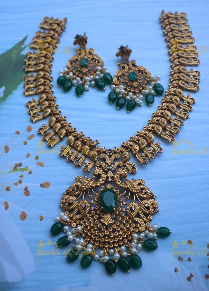 Premium matte gold peacock carved short necklace - Sparkle and Glow