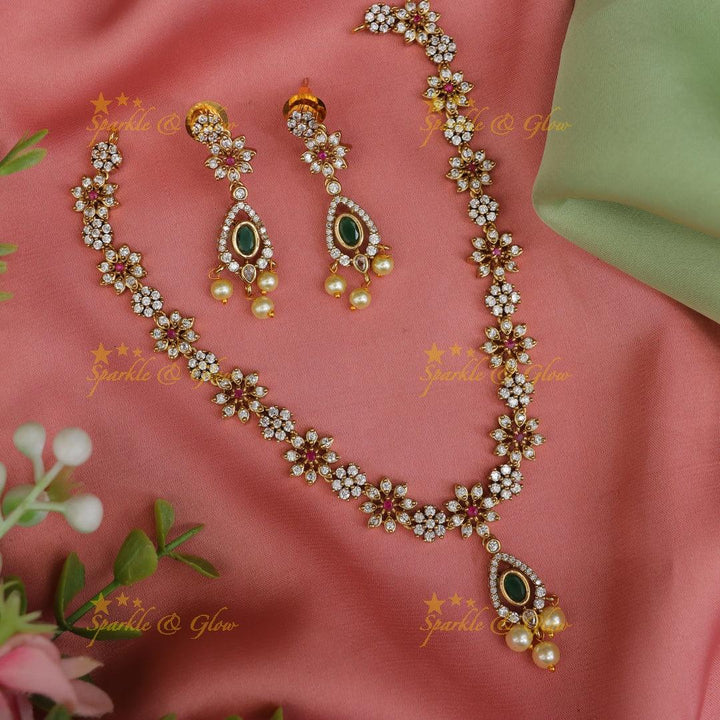 Exquisite Floral Necklace Set with American Diamonds