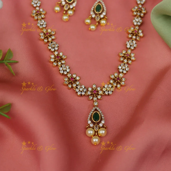 Exquisite Floral Necklace Set with American Diamonds