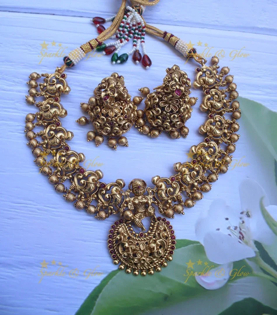 Premium quality gold alike polished nagas necklace with gold drops - Pink - Sparkle and Glow