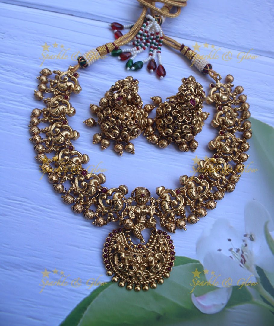 Premium quality gold alike polished nagas necklace with gold drops - Pink - Sparkle and Glow - Multi - Back Thread