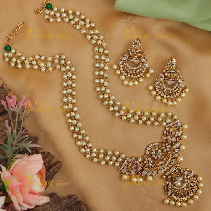 Elegant Gold CZ Pearl Rani Haram Necklace Set Online