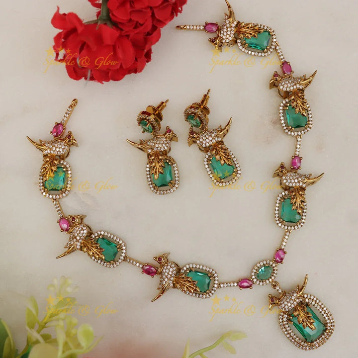 Mesmerizing Bird Necklace Set with American Diamonds