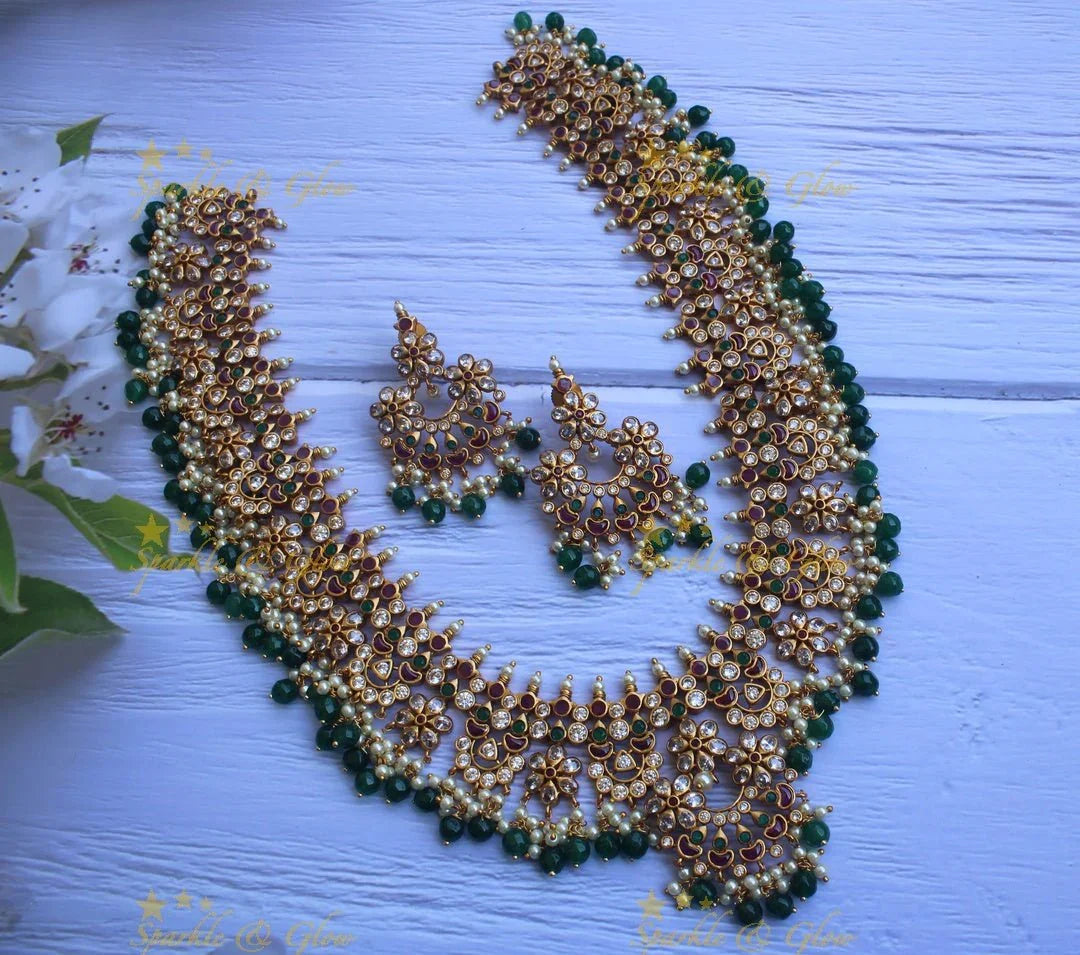 Beautiful gutta pusalu haram with kemp and cz stones - Pink Beads - Sparkle and Glow