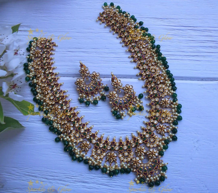 Beautiful gutta pusalu haram with kemp and cz stones - Pink Beads - Sparkle and Glow
