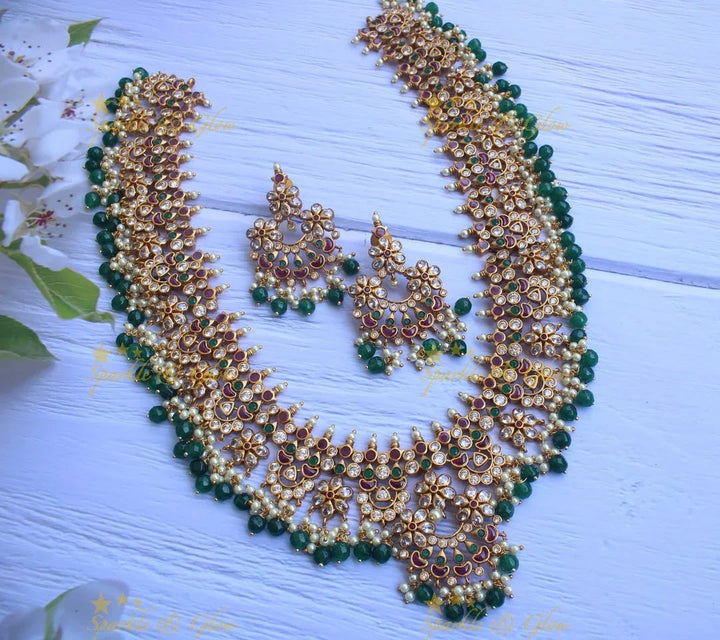 Beautiful gutta pusalu haram with kemp and cz stones - Pink Beads - Sparkle and Glow