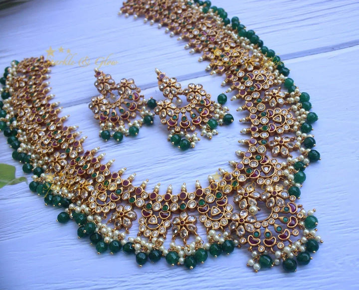 Beautiful gutta pusalu haram with kemp and cz stones - Pink Beads - Sparkle and Glow