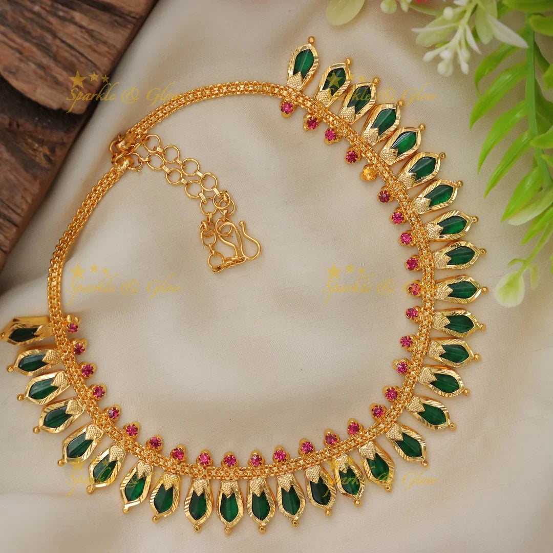 Kerala Gold and Green Palaka Necklace - Festive Glamour