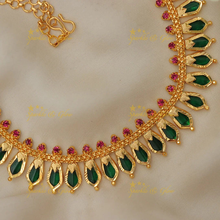 Kerala Gold and Green Palaka Necklace - Festive Glamour