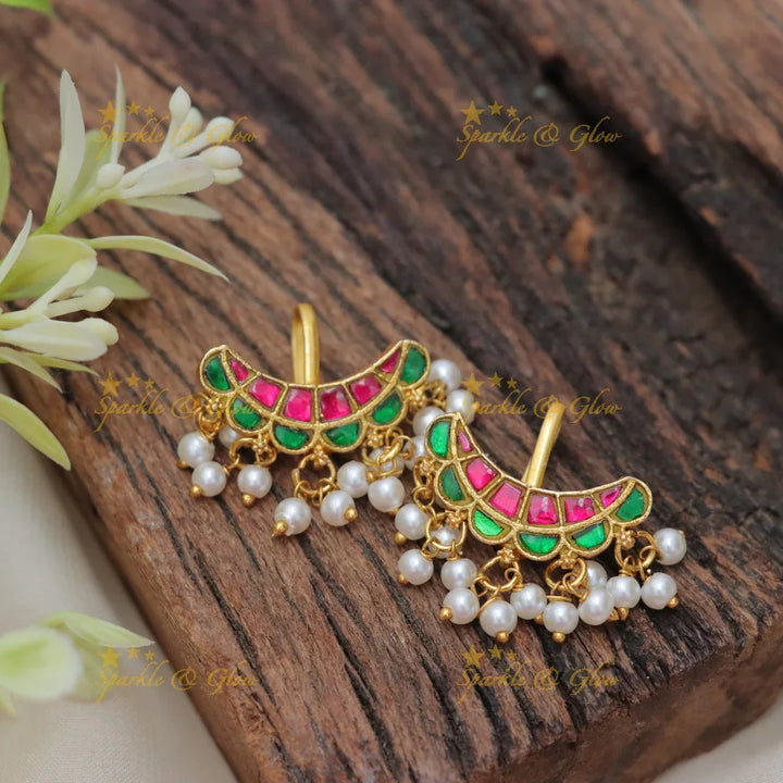 Exquisite Half Moon Pearl Bugadi Earrings – Sparkle & Glow