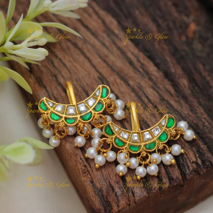 Exquisite Half Moon Pearl Bugadi Earrings – Sparkle & Glow