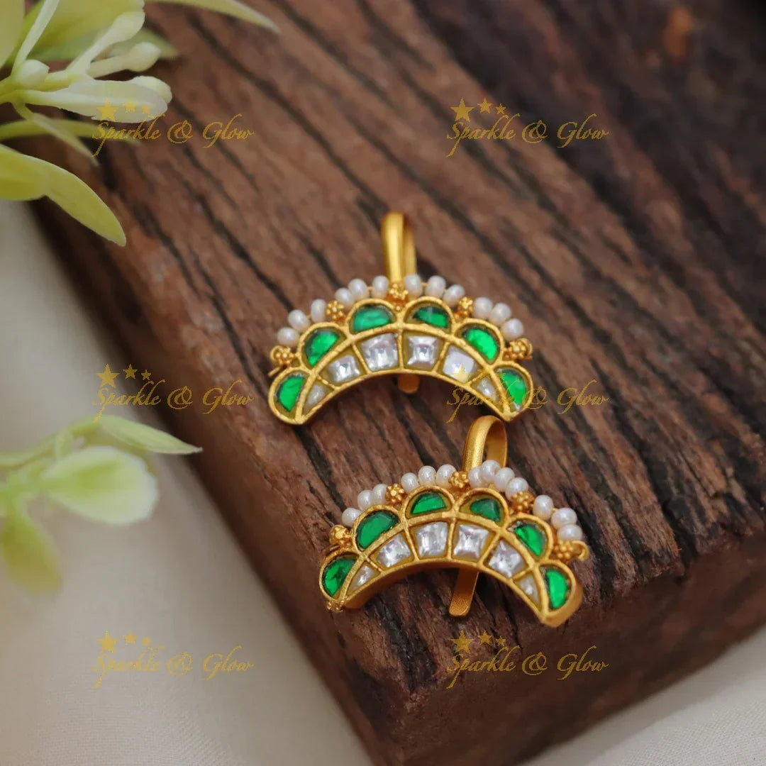 Simple Bugadis Traditional Pink-Green Bugadi Earrings with Pearl Border – Sparkle and Glow