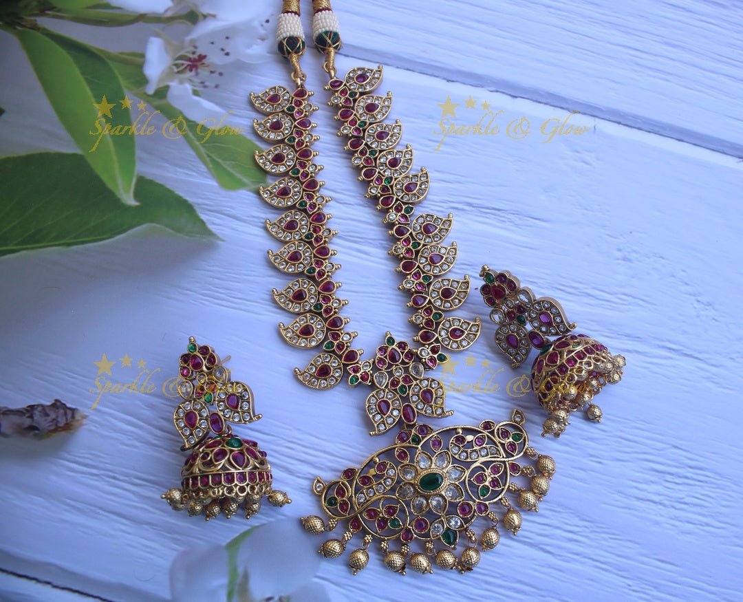 Gold alike polished kemp and cz stones mango necklace - White - Sparkle and Glow - White - Back Chain