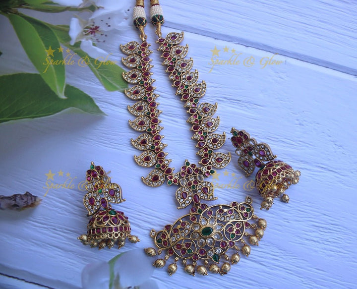 Gold alike polished kemp and cz stones mango necklace - White - Sparkle and Glow - White - Back Chain