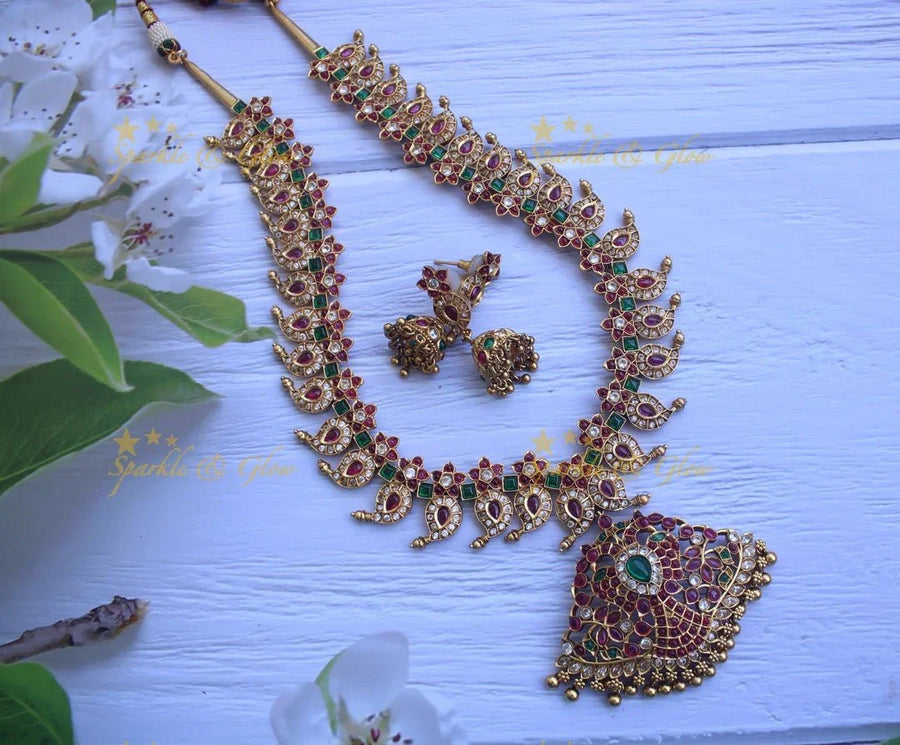 Gold alike polished kemp and cz stones mango style peacock necklace -White 1 - Sparkle and Glow