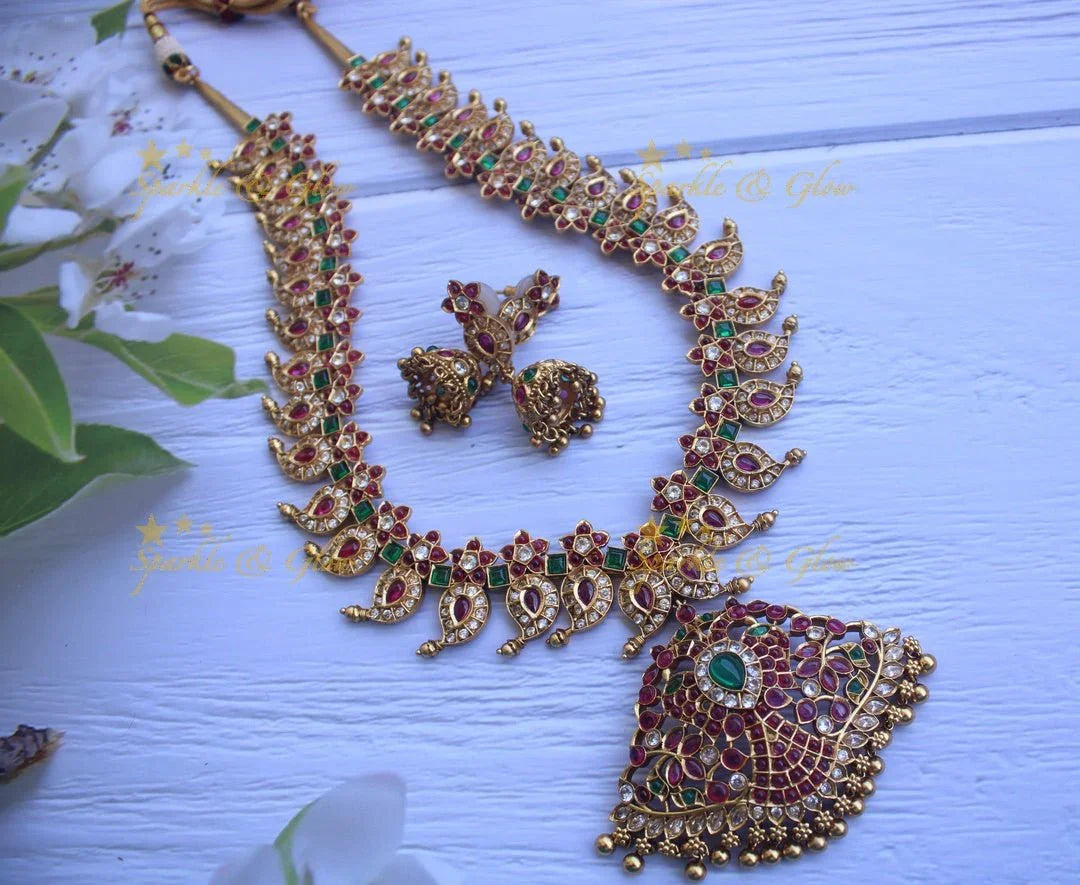 Gold alike polished kemp and cz stones mango style peacock necklace -White 1 - Sparkle and Glow