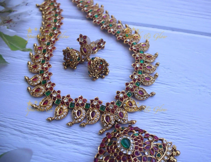 Gold alike polished kemp and cz stones mango style peacock necklace -White 1 - Sparkle and Glow
