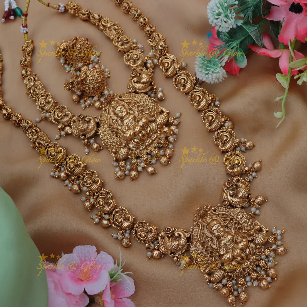 Exquisite Lakshmi Bridal Long Necklace Set in Gold